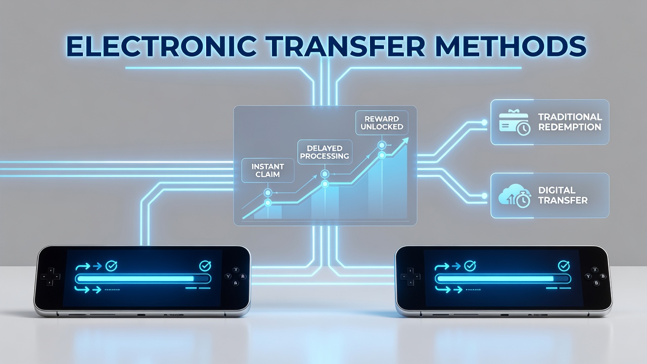 Diagram illustrating transaction flow from electronic payment methods to reward claim activation in portable gaming environments