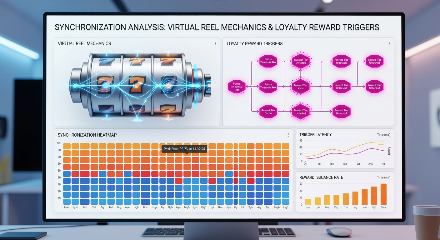 Analytics dashboard displaying synchronized timing graphs between virtual reel spins and loyalty reward activations in gaming applications