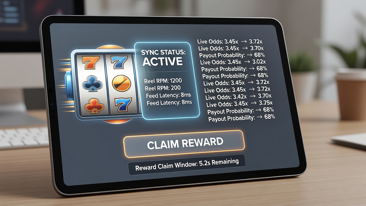 Close-up view of handheld screen with live odds ticker integrated next to spinning reels and active reward timer display