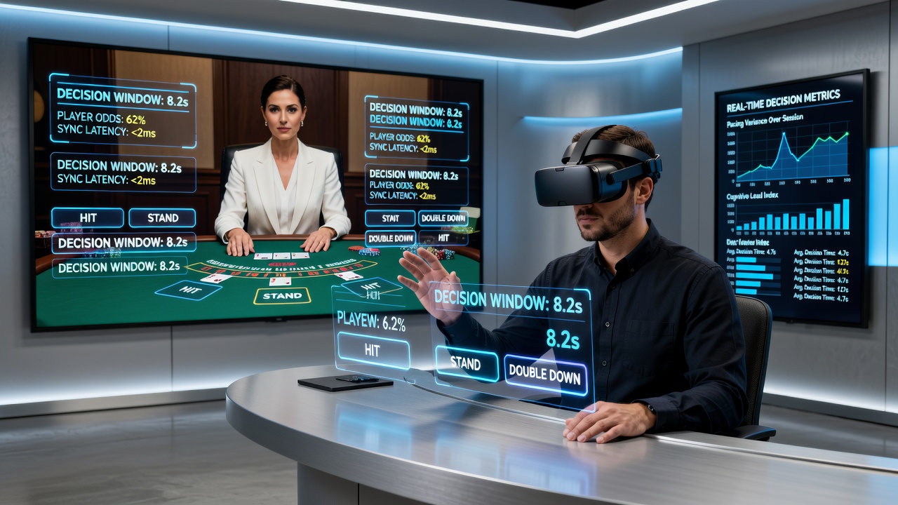 Close-up view of VR interface showing synchronized sports data panels next to live dealer cards and chips