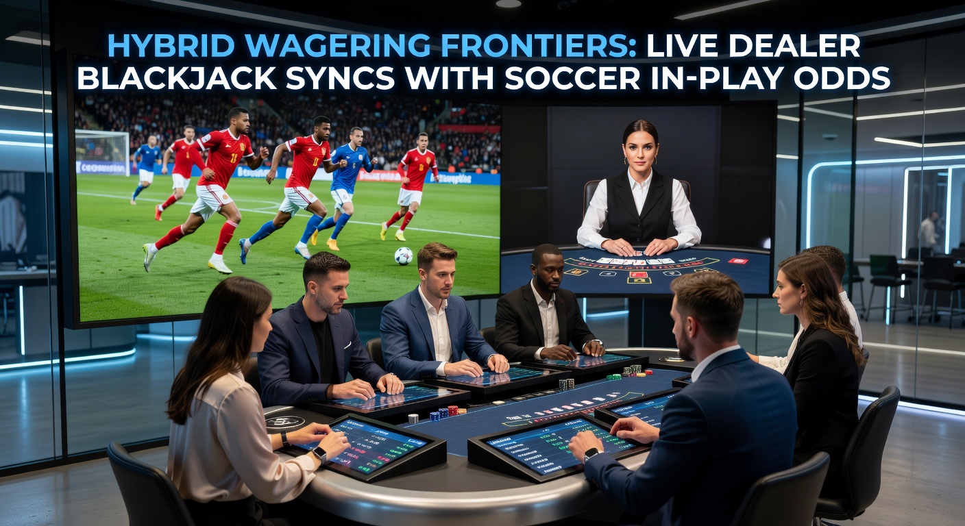 Digital dashboard showing live soccer in-play odds overlaid on a blackjack hand, with multipliers activating during a goal celebration