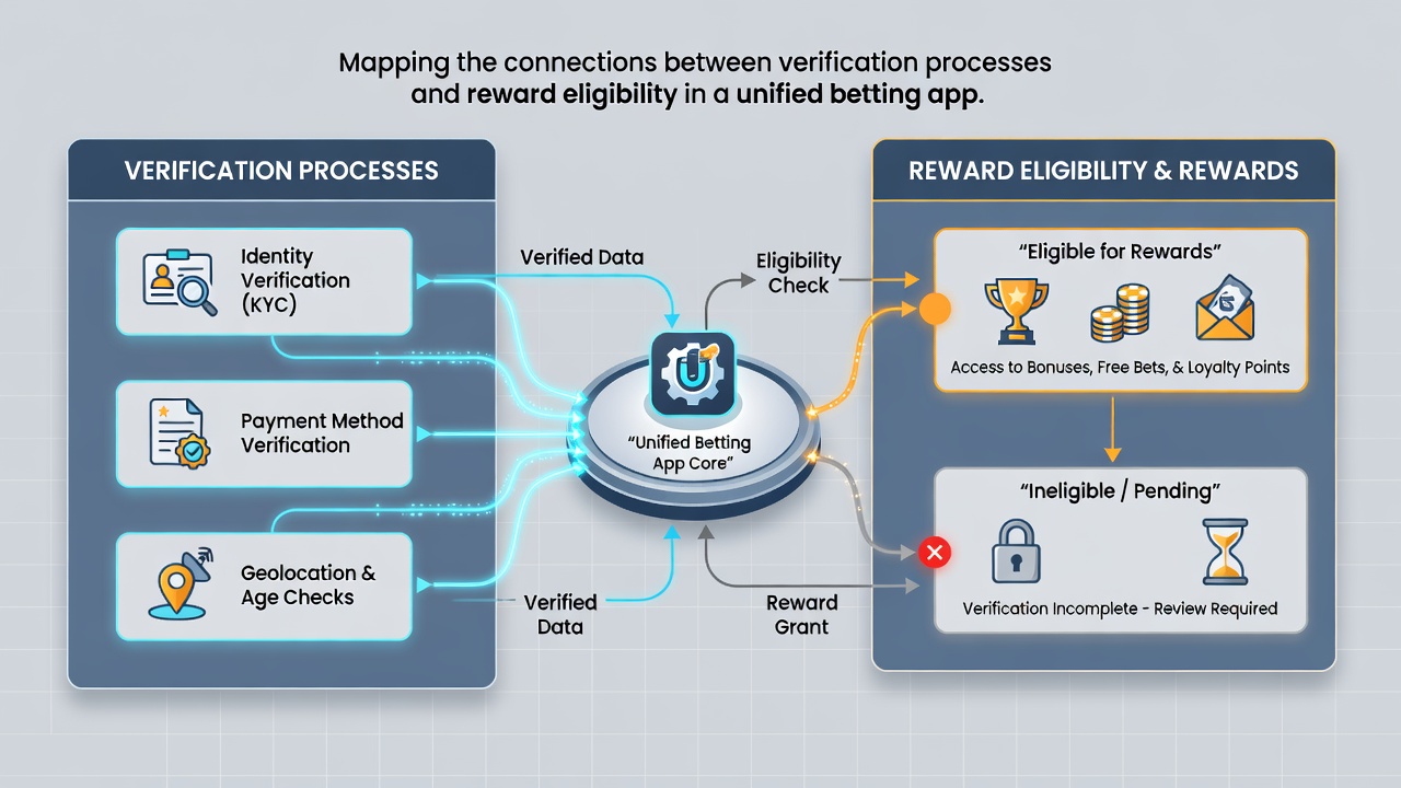 Flowchart illustrating how verification steps connect to reward eligibility for blackjack and roulette in mobile betting apps