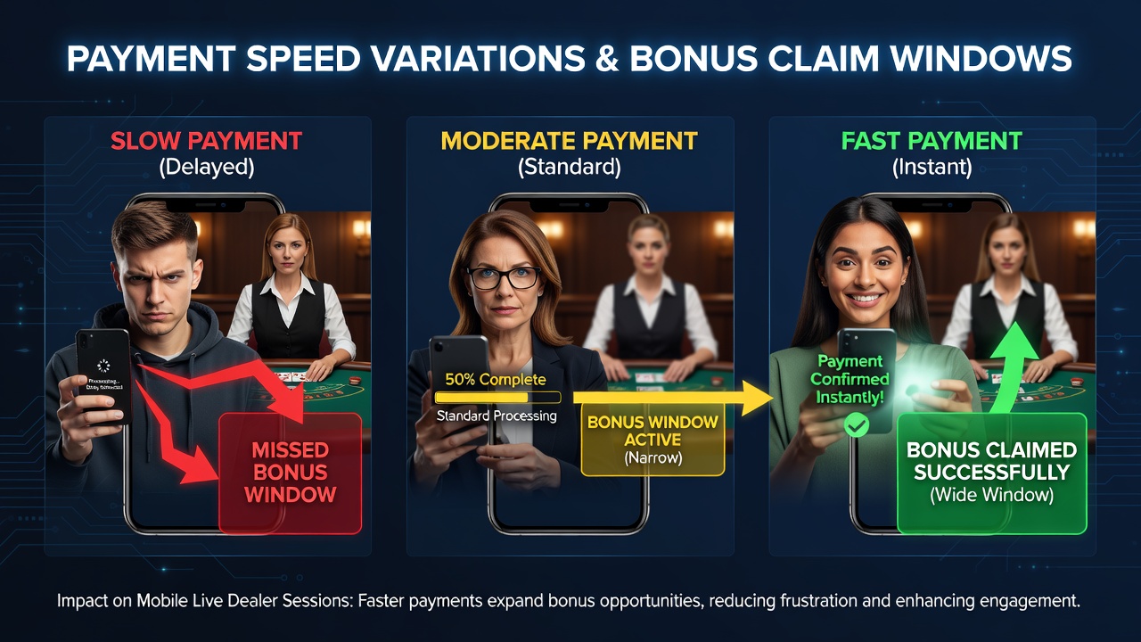 Mobile live dealer interface showing payment processing and bonus timer elements on a smartphone screen